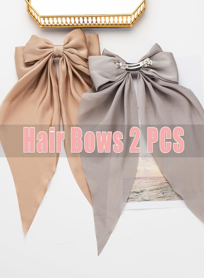 Seneeel Hair Bows 2 PCS Oversized Long-tail Cute Aesthetic Hair Accessories - Large Hair Barrettes with Ribbon Bows for Women (Grey Khaki) - Image 3