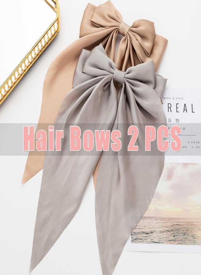 Seneeel Hair Bows 2 PCS Oversized Long-tail Cute Aesthetic Hair Accessories - Large Hair Barrettes with Ribbon Bows for Women (Grey Khaki) - Image 4