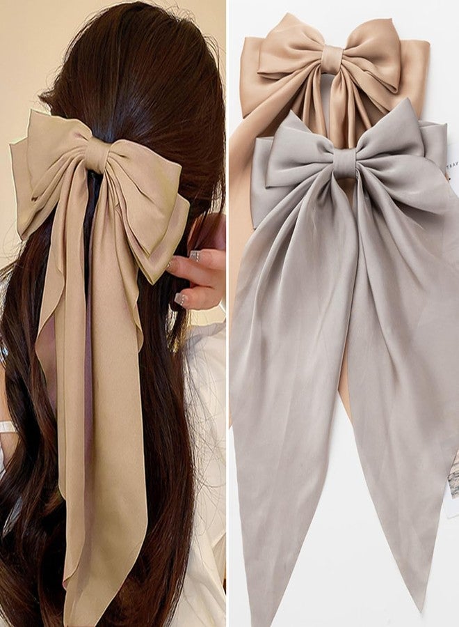 Seneeel Hair Bows 2 PCS Oversized Long-tail Cute Aesthetic Hair Accessories - Large Hair Barrettes with Ribbon Bows for Women (Grey Khaki) - Image 1