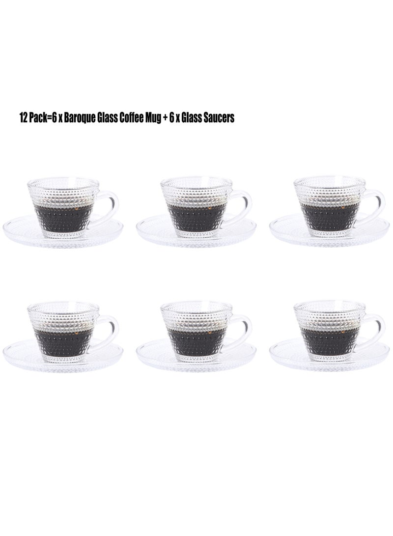 TDAO Baroque Glass Coffee Mugs with Saucers 12-Pack Clear Glass Cups and Saucers 85ML Espresso Latte Cappuccino Mocha Tea Hot Iced Beverage Set for Daily Use Home Office Gift - Image 1