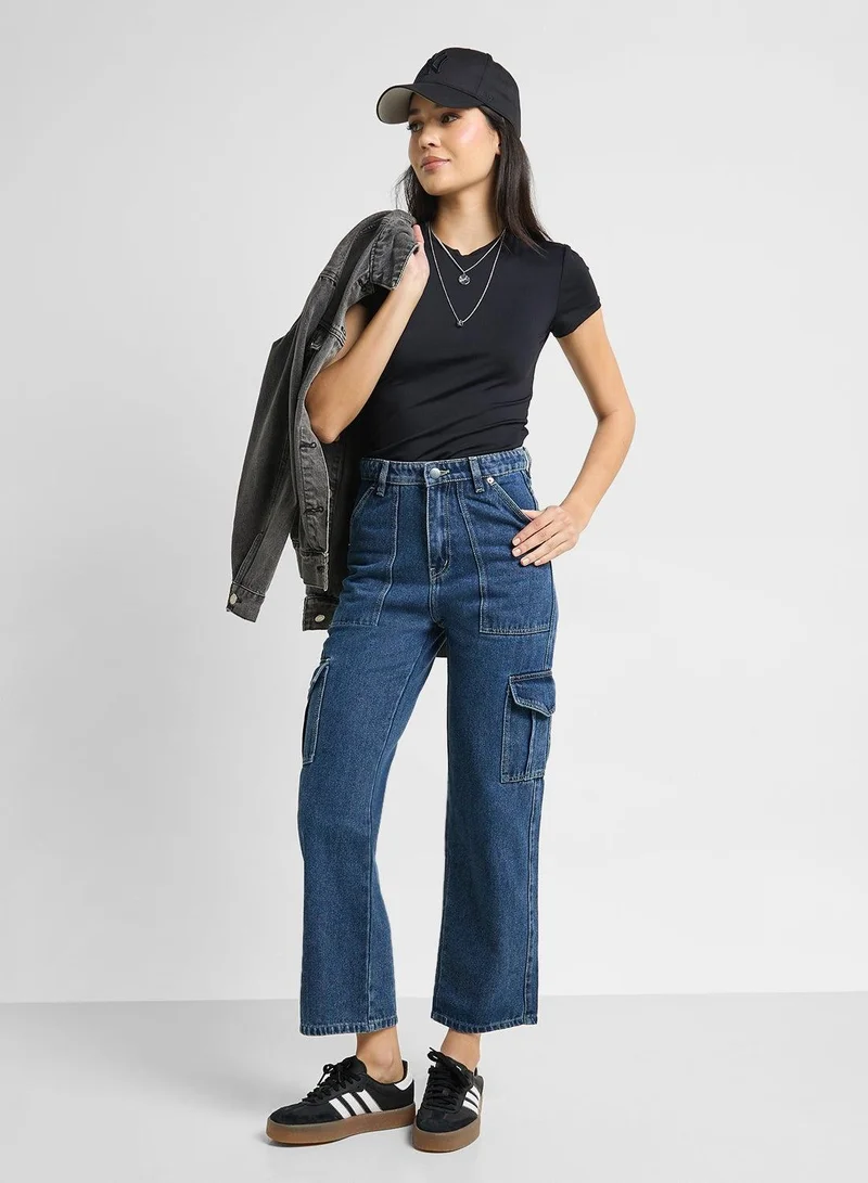 Ginger Blue Straight Fit Cargo Style Jeans for Women | Best Price UAE