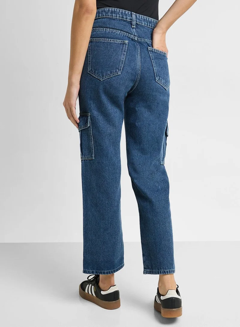 Ginger Blue Straight Fit Cargo Style Jeans for Women | Best Price UAE