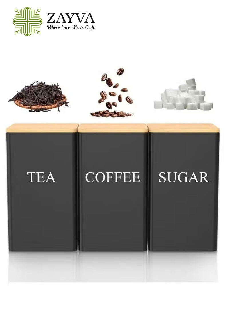 زاڤية برطمانات شاي وسكر وقهوة مجموعة من 3 علب شاي وقهوة وسكر، برطمانات تخزين مطبخ بغطاء من الخيزران، علبة تخزين معدنية لحاويات المطبخ والتخزين باللون الأسود (8.5x8.5x15 سم علب سكر وشاي وقهوه) - Image 1