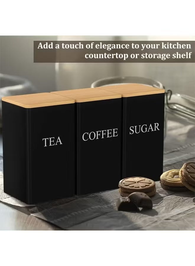 زاڤية برطمانات شاي وسكر وقهوة مجموعة من 3 علب شاي وقهوة وسكر، برطمانات تخزين مطبخ بغطاء من الخيزران، علبة تخزين معدنية لحاويات المطبخ والتخزين باللون الأسود (8.5x8.5x15 سم علب سكر وشاي وقهوه) - Image 3