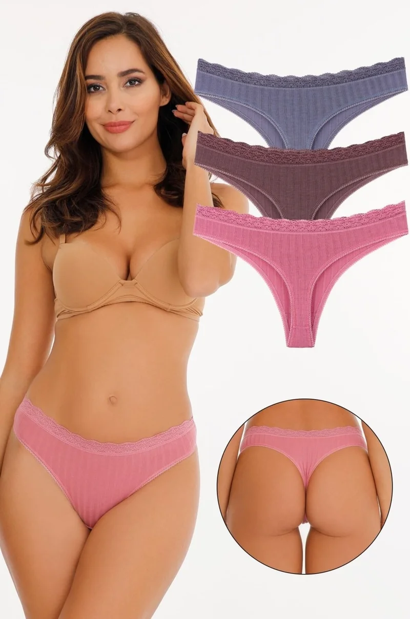 سينسو Women's Mixed Colors Lace Waist 3 Piece Thong Set KTS1208