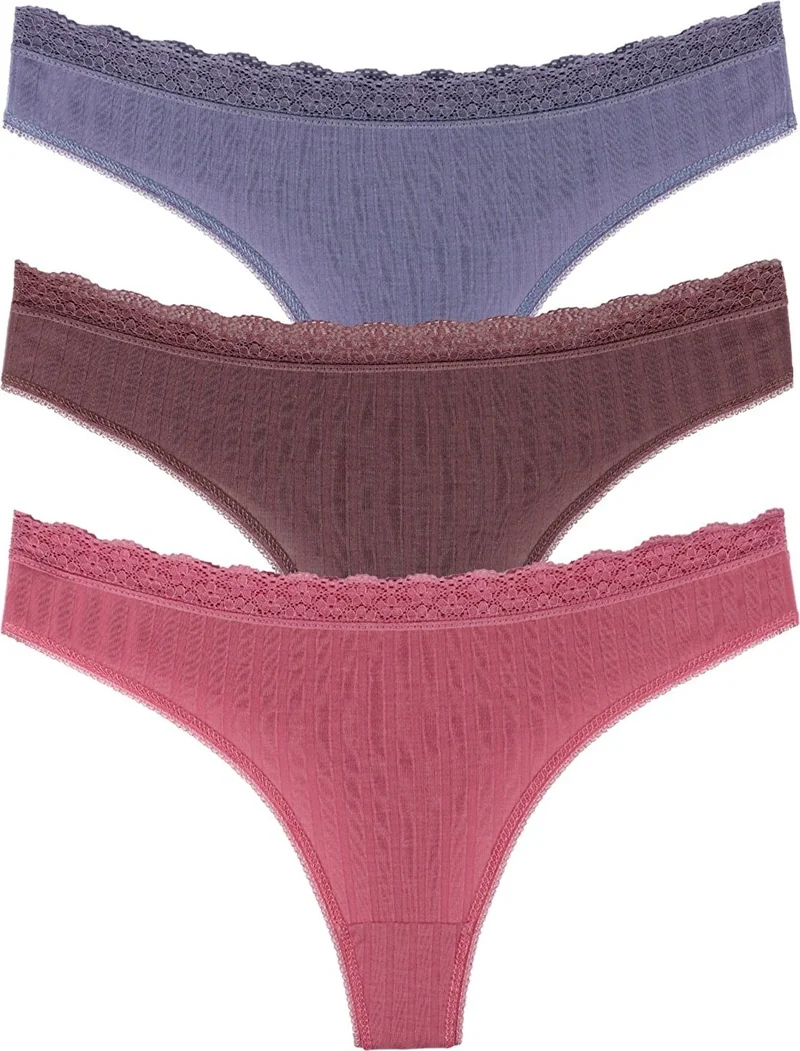 سينسو Women's Mixed Colors Lace Waist 3 Piece Thong Set KTS1208