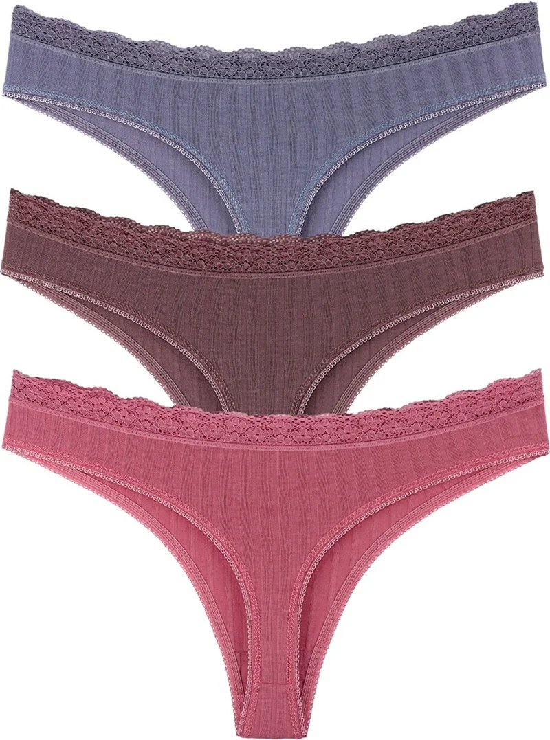 سينسو Women's Mixed Colors Lace Waist 3 Piece Thong Set KTS1208