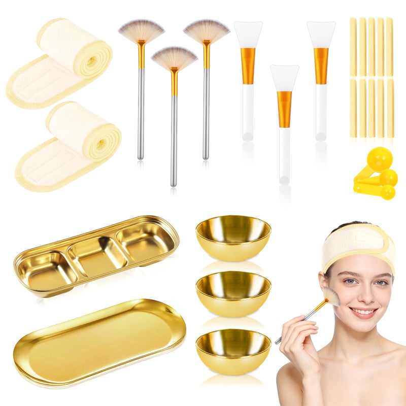 DLUGOPIS 28 Gold Facial Supplies 3 Facial Mask Mixing Bowls 3 Facial Fan Brushes 3 Mask Applicator Brushes 3 Mask Measuring Spoons Skincare Tray 3-Compartment Serving Tray 12 Facial Sponges 2 Spa Headbands - Image 1
