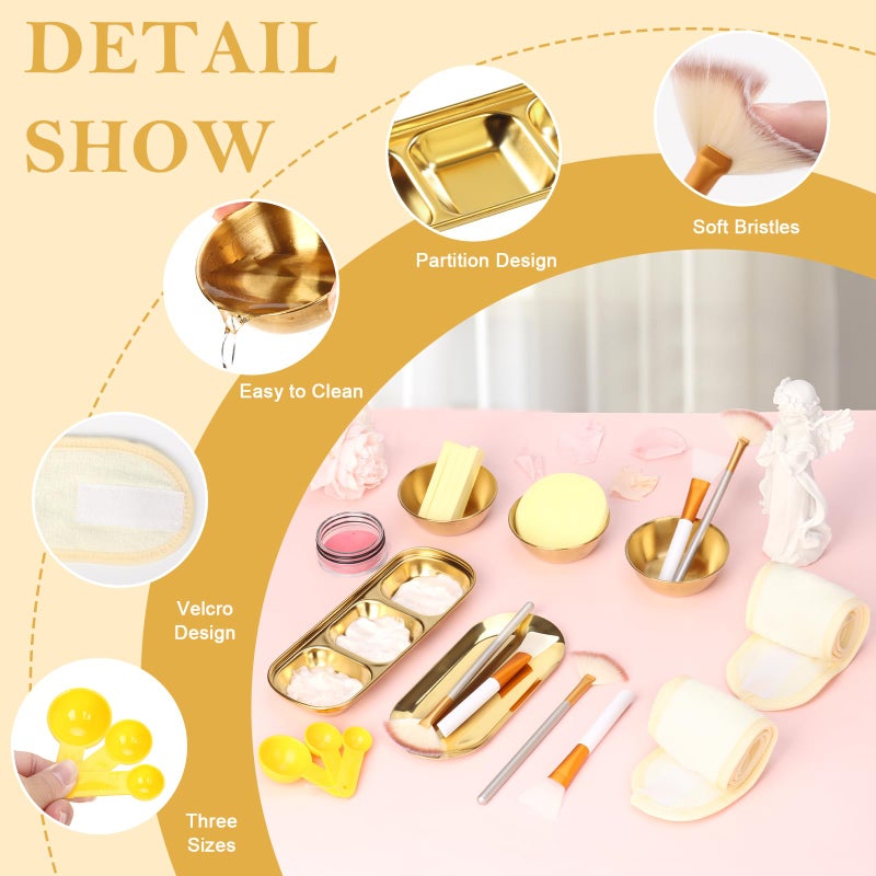 DLUGOPIS 28 Gold Facial Supplies 3 Facial Mask Mixing Bowls 3 Facial Fan Brushes 3 Mask Applicator Brushes 3 Mask Measuring Spoons Skincare Tray 3-Compartment Serving Tray 12 Facial Sponges 2 Spa Headbands - Image 3