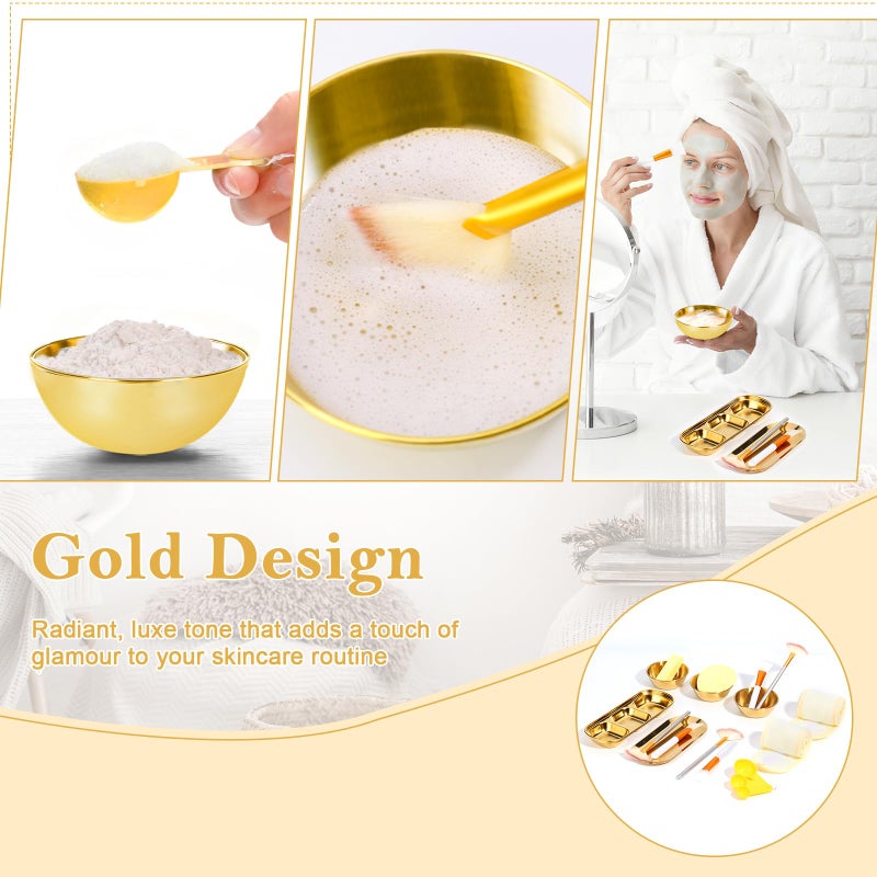 DLUGOPIS 28 Gold Facial Supplies 3 Facial Mask Mixing Bowls 3 Facial Fan Brushes 3 Mask Applicator Brushes 3 Mask Measuring Spoons Skincare Tray 3-Compartment Serving Tray 12 Facial Sponges 2 Spa Headbands - Image 4