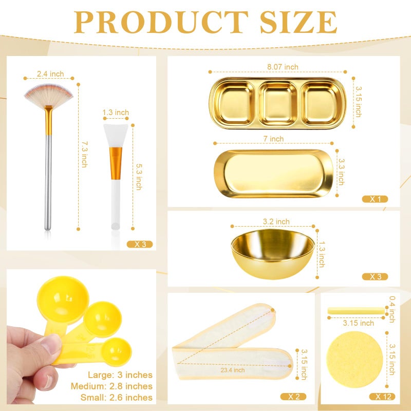 DLUGOPIS 28 Gold Facial Supplies 3 Facial Mask Mixing Bowls 3 Facial Fan Brushes 3 Mask Applicator Brushes 3 Mask Measuring Spoons Skincare Tray 3-Compartment Serving Tray 12 Facial Sponges 2 Spa Headbands - Image 2