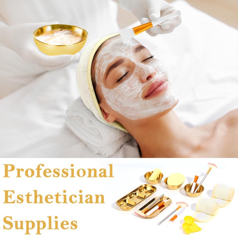 DLUGOPIS 28 Gold Facial Supplies 3 Facial Mask Mixing Bowls 3 Facial Fan Brushes 3 Mask Applicator Brushes 3 Mask Measuring Spoons Skincare Tray 3-Compartment Serving Tray 12 Facial Sponges 2 Spa Headbands - Image 5