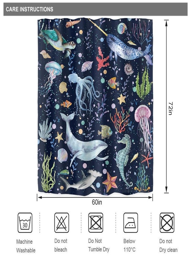 Riyidecor Kids Whale Sea Animal Shower Curtain for Bathroom Decor 60Wx72H Blue Ocean Cartoon Underwater Turtle Octopus Fish Funny Marine Art Printed Fabric Polyester Waterproof 12 Pack Plastic Hooks - Image 3
