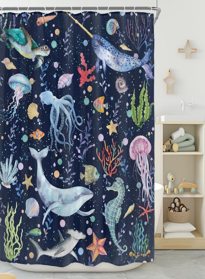 Riyidecor Kids Whale Sea Animal Shower Curtain for Bathroom Decor 60Wx72H Blue Ocean Cartoon Underwater Turtle Octopus Fish Funny Marine Art Printed Fabric Polyester Waterproof 12 Pack Plastic Hooks - Image 1