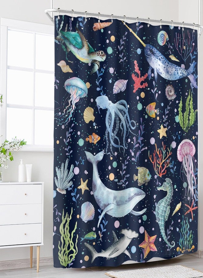 Riyidecor Kids Whale Sea Animal Shower Curtain for Bathroom Decor 60Wx72H Blue Ocean Cartoon Underwater Turtle Octopus Fish Funny Marine Art Printed Fabric Polyester Waterproof 12 Pack Plastic Hooks - Image 2