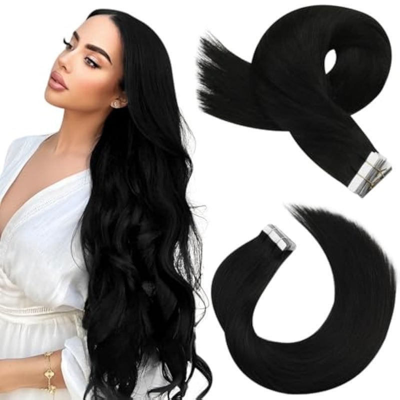 Moresoo Black Tape in Hair Extensions Real Human Hair 20Pcs Natural Black Hair Extensions Tape in 14 Inch 40G Staight Hair Glue in Extensions for Women Color 1B