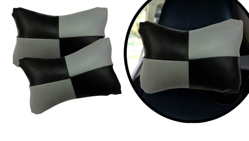 PulGos Grey Check Design Car Neck Rest Cushion with Adjustable Straps Maruti Suzuki Alto Maruti Suzuki WagonR Maruti Suzuki Swift Tata Nexon Tata Punch Tata Harrier Datsun GO - Image 1