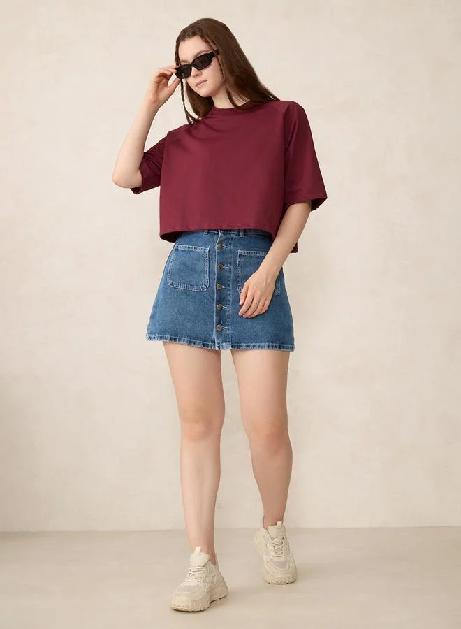 OUTZIDR Burgundy Solid Boxy Crop T-Shirt