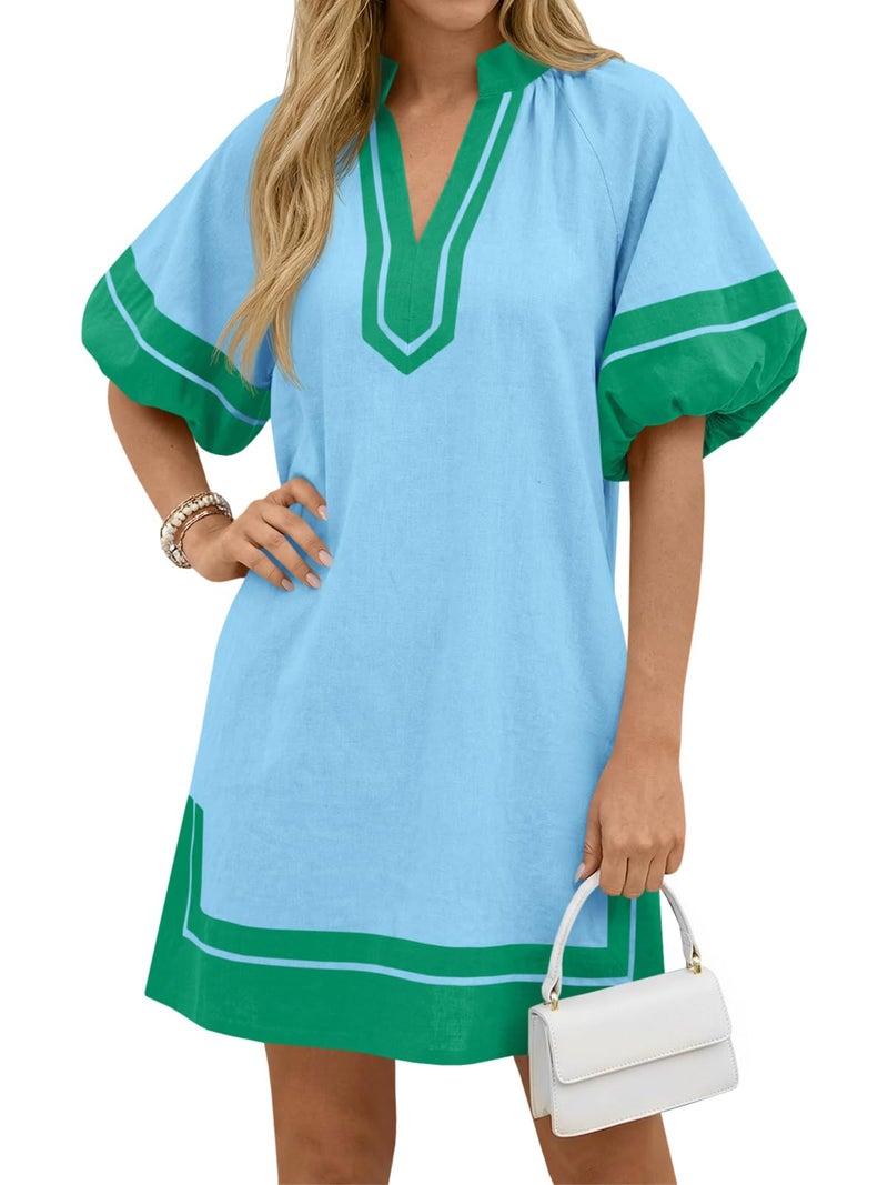 Wenrine Womens Summer Mini Dress Puff Sleeve Casual V Neck Color Block Side Slit Loose Shirt Dresses with Pockets Blue - Image 1