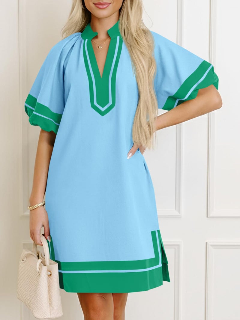 Wenrine Womens Summer Mini Dress Puff Sleeve Casual V Neck Color Block Side Slit Loose Shirt Dresses with Pockets Blue - Image 2