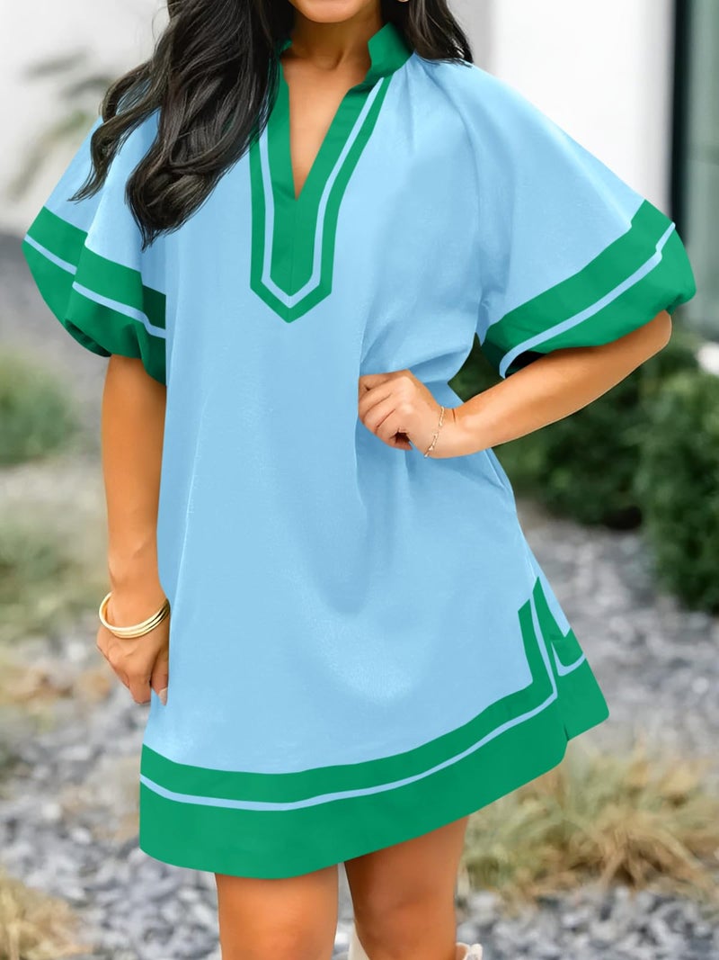 Wenrine Womens Summer Mini Dress Puff Sleeve Casual V Neck Color Block Side Slit Loose Shirt Dresses with Pockets Blue - Image 4