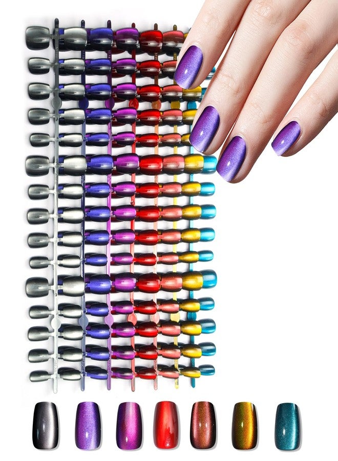 Laza 210pcs Cat Eye Press on Nails for Women 7 Colors Short Square Reusable Nail Tips in 15 Sizes Long Lasting Salon Fake Nails Stick on Artificial Acrylic False Nail Tips - Chameleon Series - Image 1