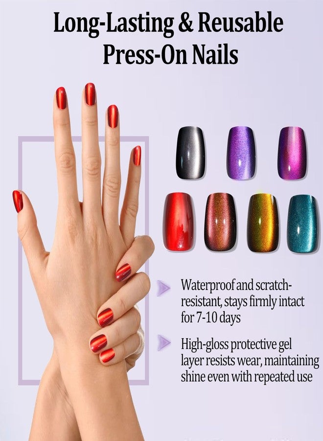 Laza 210pcs Cat Eye Press on Nails for Women 7 Colors Short Square Reusable Nail Tips in 15 Sizes Long Lasting Salon Fake Nails Stick on Artificial Acrylic False Nail Tips - Chameleon Series - Image 3