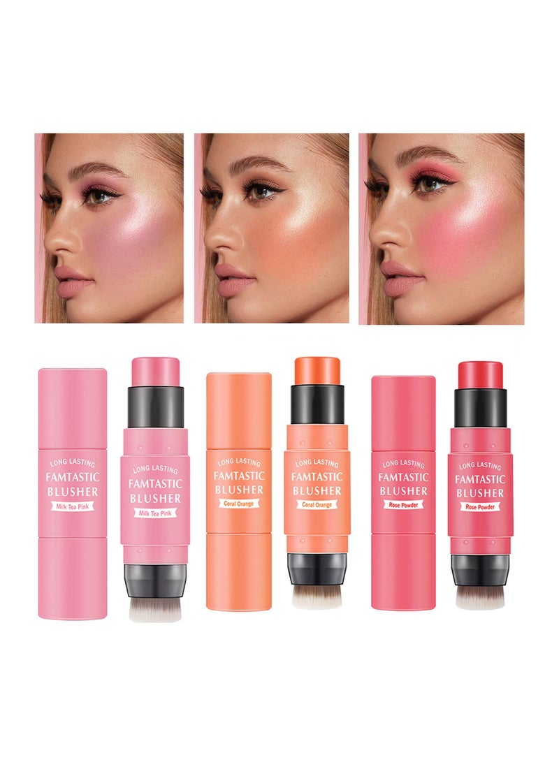 3 Pcs Waterproof Multi Cream Blush Stick with Brush, Lightweight & Long-lasting 2-in-1 Makeup for Cheeks, Lips & Eyeshadow, Easy to Use, Suitable for All Skin Types. - Image 1