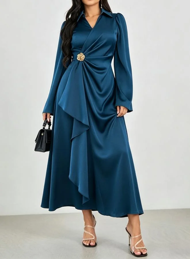 Take Two Teal Draped Satin Maxi Dress with Brooch Detail