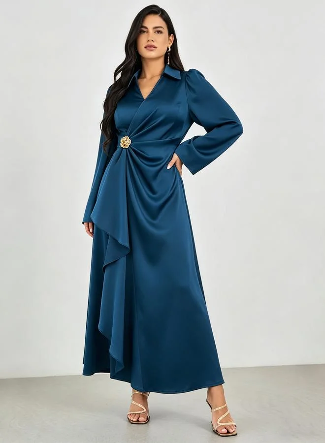 Take Two Teal Draped Satin Maxi Dress with Brooch Detail