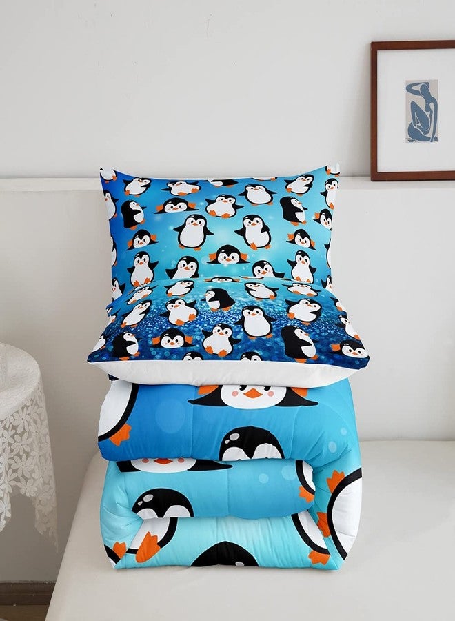 Homewish Cartoon Penguins Kids Comforter Set Twin Size,Cute Arctic Pole Animals Bedding Set,Girls Boys Adults Bedroom Decor,Starry Sky Dots Glitter Down Comforter,Blue Romantic Duvet Insert,1 Pillowcase - Image 5