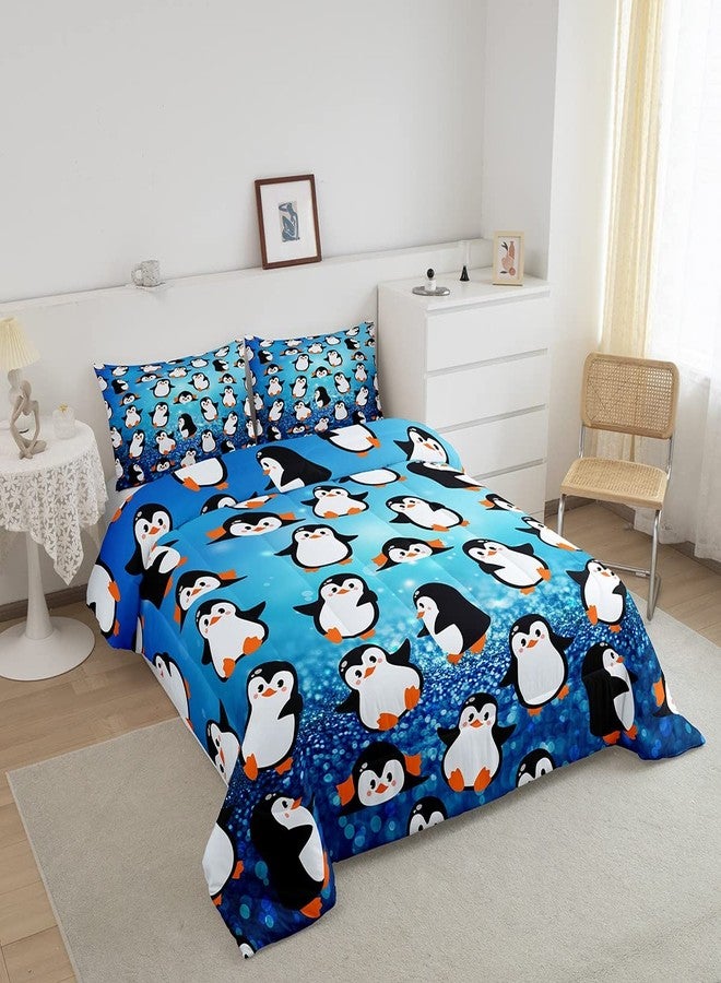 Homewish Cartoon Penguins Kids Comforter Set Twin Size,Cute Arctic Pole Animals Bedding Set,Girls Boys Adults Bedroom Decor,Starry Sky Dots Glitter Down Comforter,Blue Romantic Duvet Insert,1 Pillowcase - Image 2