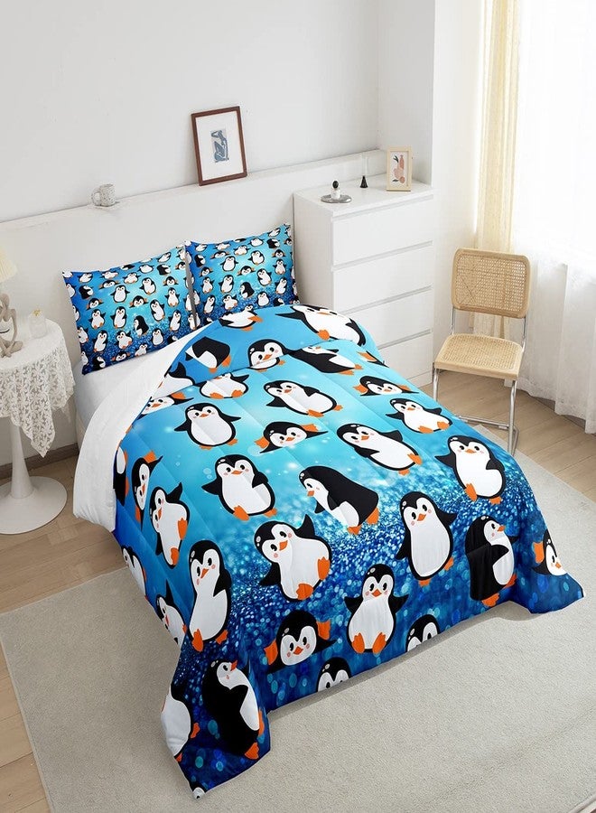 Homewish Cartoon Penguins Kids Comforter Set Twin Size,Cute Arctic Pole Animals Bedding Set,Girls Boys Adults Bedroom Decor,Starry Sky Dots Glitter Down Comforter,Blue Romantic Duvet Insert,1 Pillowcase - Image 4