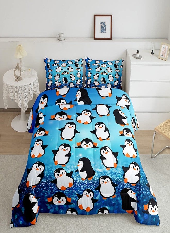 Homewish Cartoon Penguins Kids Comforter Set Twin Size,Cute Arctic Pole Animals Bedding Set,Girls Boys Adults Bedroom Decor,Starry Sky Dots Glitter Down Comforter,Blue Romantic Duvet Insert,1 Pillowcase - Image 1