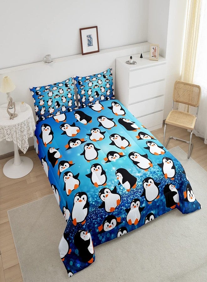 Homewish Cartoon Penguins Kids Comforter Set Twin Size,Cute Arctic Pole Animals Bedding Set,Girls Boys Adults Bedroom Decor,Starry Sky Dots Glitter Down Comforter,Blue Romantic Duvet Insert,1 Pillowcase - Image 3