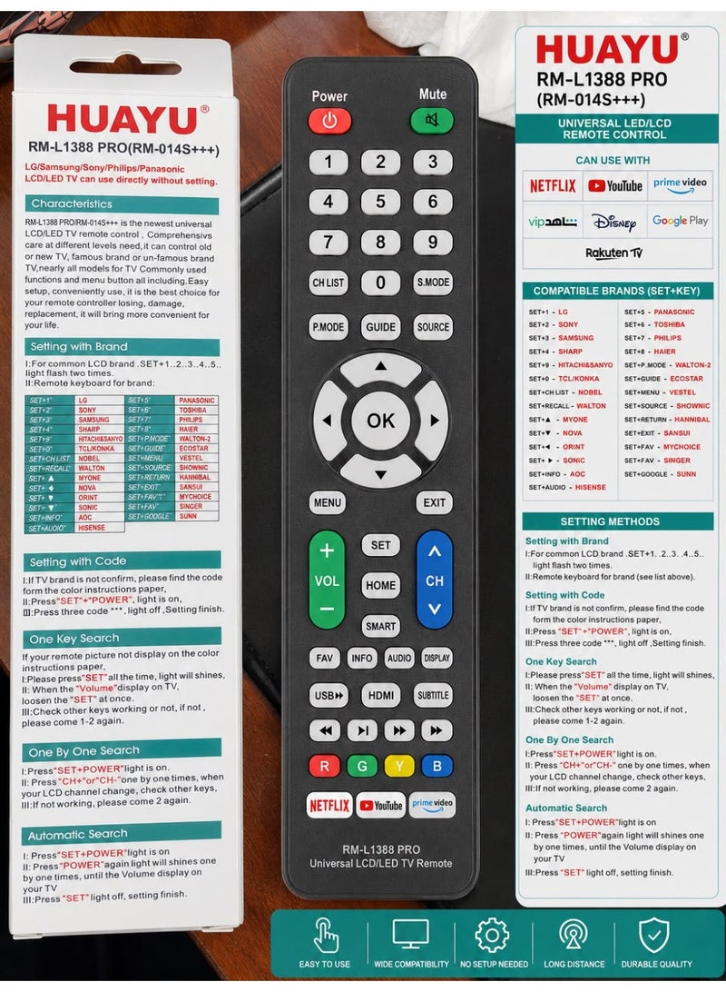 Huayu RM-L1388 PRO (RM-014S+++) Universal LED/LCD TV Remote Control Compatible with LG, Samsung, Sony, Philips & Panasonic TVs, Multi-Brand Replacement Remote, Plug & Play – Black - Image 2