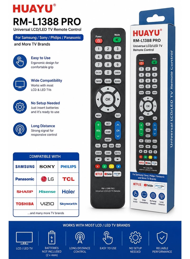 Huayu RM-L1388 PRO (RM-014S+++) Universal LED/LCD TV Remote Control Compatible with LG, Samsung, Sony, Philips & Panasonic TVs, Multi-Brand Replacement Remote, Plug & Play – Black - Image 1