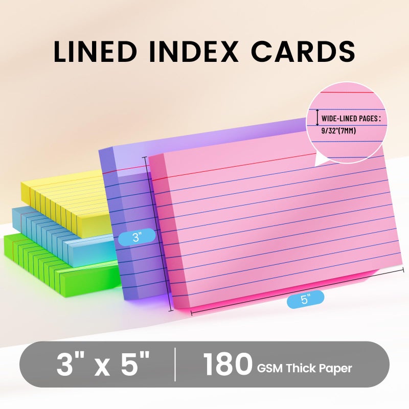 Ciphyfee Index Cards 3x5 Inch, 250sheets, Flash Cards,Ruled Lined Colored Note Cards Paper For Studying, Schools Supplies, College, Office And Home Organization, Note Taking Supplies - Image 2