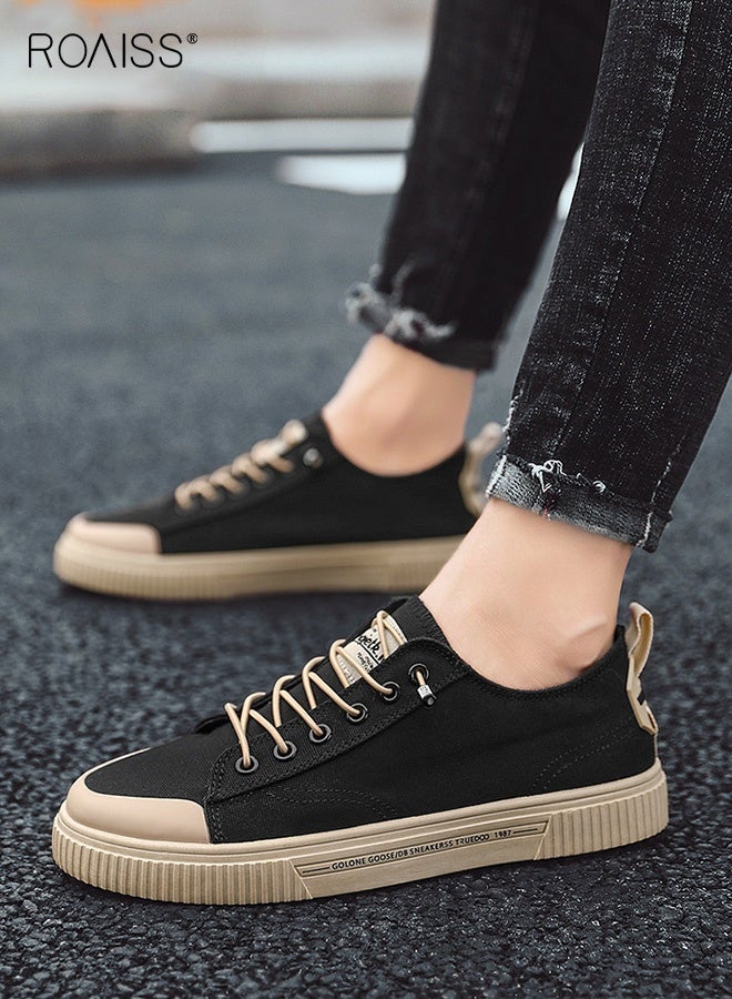 roaiss Men's Low-Top Lace-Up Lightweight Non-slip Canvas Shoes Trendy Versatile Round Toe Flat Shoes Comfortable Breathable British Style Casual Shoes Running Shoes Black - Image 1