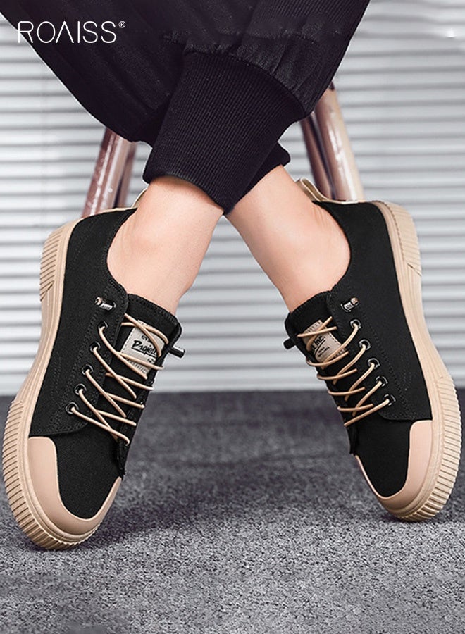 roaiss Men's Low-Top Lace-Up Lightweight Non-slip Canvas Shoes Trendy Versatile Round Toe Flat Shoes Comfortable Breathable British Style Casual Shoes Running Shoes Black - Image 5