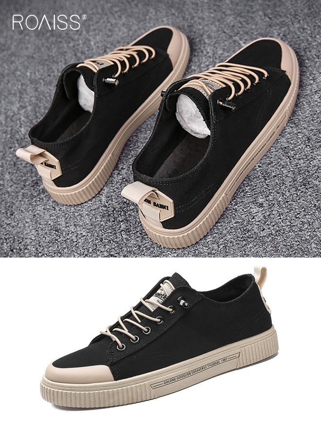 roaiss Men's Low-Top Lace-Up Lightweight Non-slip Canvas Shoes Trendy Versatile Round Toe Flat Shoes Comfortable Breathable British Style Casual Shoes Running Shoes Black - Image 4