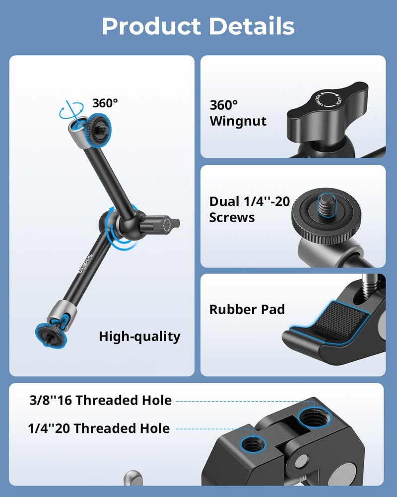 SMALLRIG Clamp w/ 1/4" and 3/8" Thread Holes, 9.8 Inches Adjustable Friction Power Articulating Magic Arm with Phone Holder for Action Cameras, Smartphones, LCD Monitor/LED Lights - 5326 - Image 2