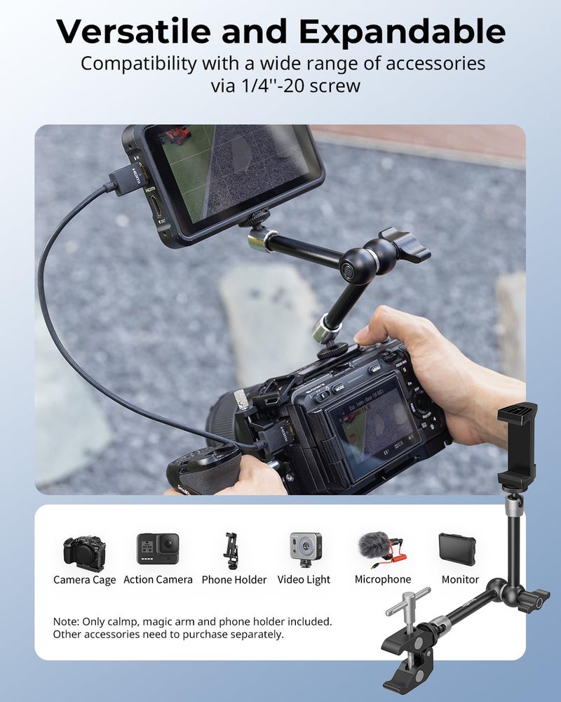 SMALLRIG Clamp w/ 1/4" and 3/8" Thread Holes, 9.8 Inches Adjustable Friction Power Articulating Magic Arm with Phone Holder for Action Cameras, Smartphones, LCD Monitor/LED Lights - 5326 - Image 4