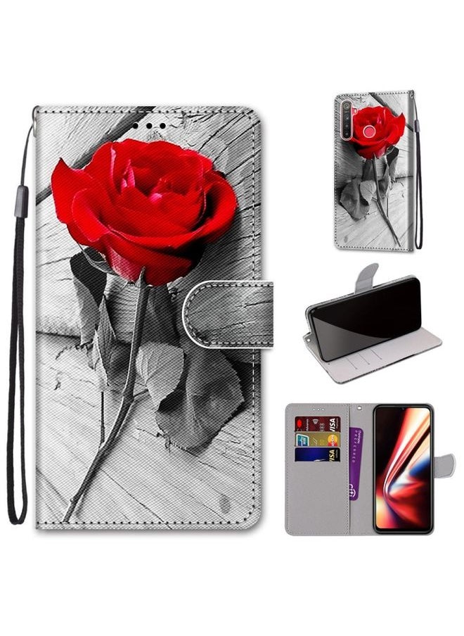 HuHa Case Cover For Realme 5 / 5s / 5i / C3 / C3i / 6i / Narzo10 / 10A / 20A Coloured Drawing Cross Texture Horizontal Flip PU Leather Case with Holder & Card Slots & Wallet & Lanyard Wood Red Rose 