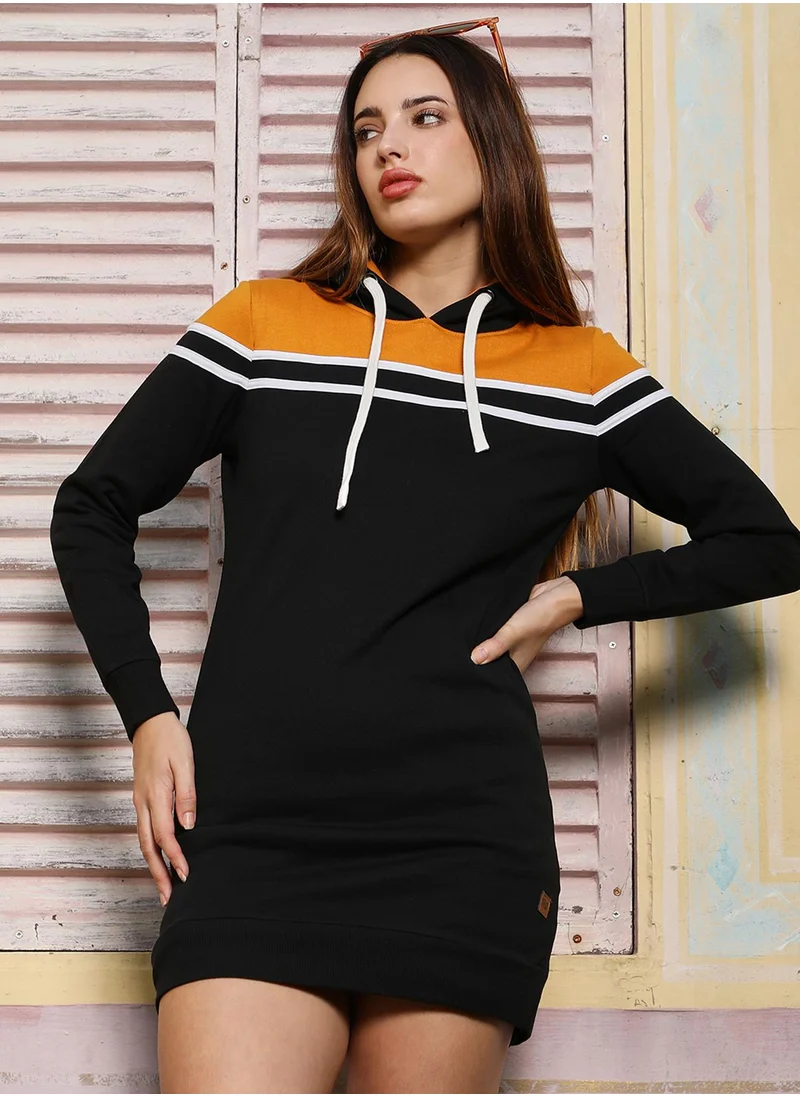 Campus Sutra Women's Mustard Yellow & Onyx Black Block Hoodie Dress