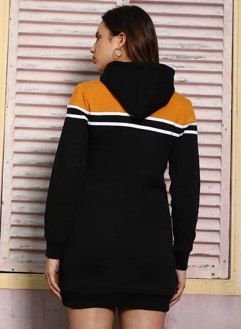 Campus Sutra Women's Mustard Yellow & Onyx Black Block Hoodie Dress