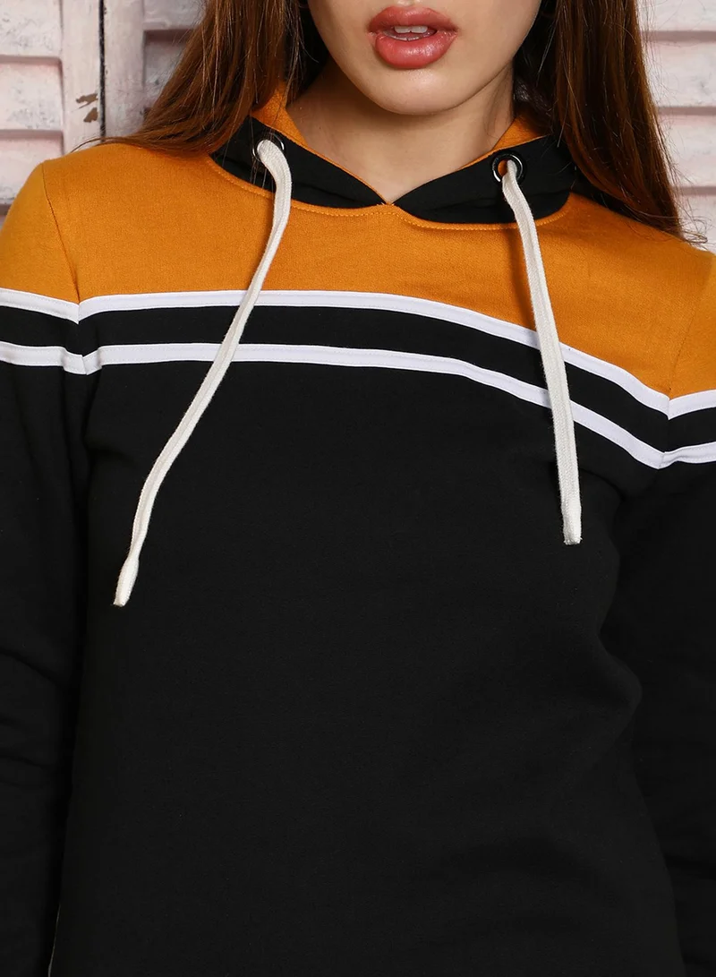 Campus Sutra Women's Mustard Yellow & Onyx Black Block Hoodie Dress