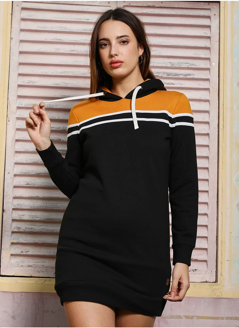 Campus Sutra Women's Mustard Yellow & Onyx Black Block Hoodie Dress