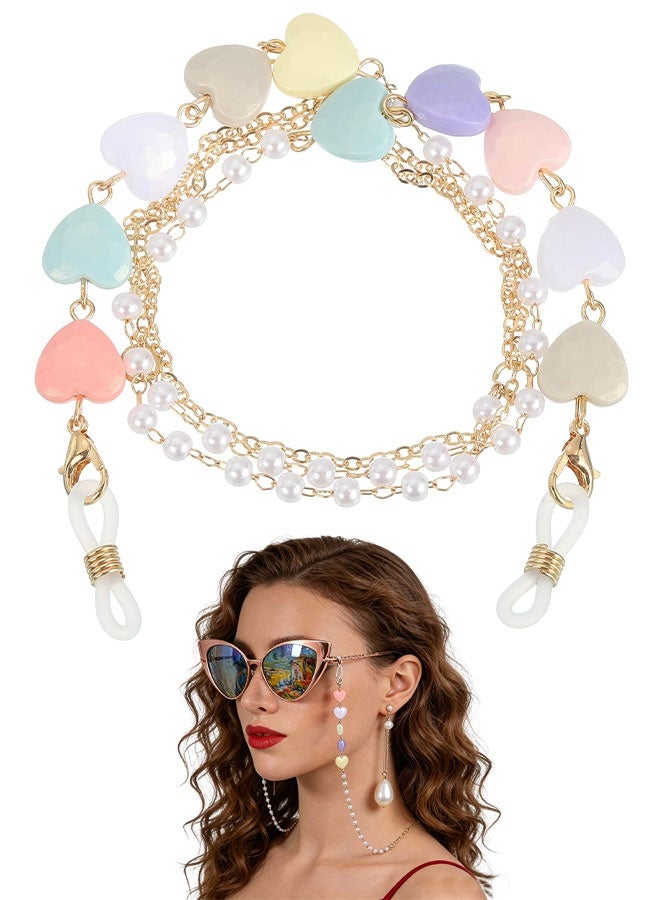 Colorful Heart Pearl Beads Eyeglass Chain, Fashion Eyewear Retainer Strap Sunglass Holder, Decorative Glasses Lanyard for Women Girls Daily Wear - Image 1
