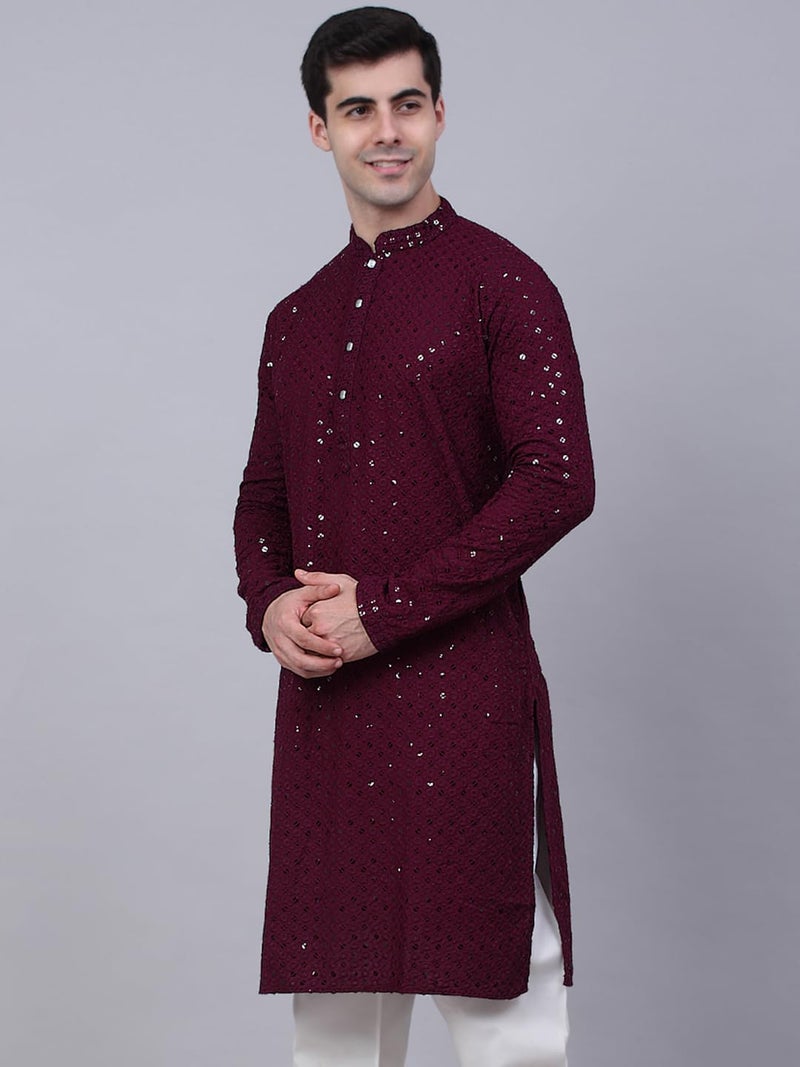 Jompers Men's Chikankari Embroidered and Sequence Kurtas (Purple, XL) - Image 3